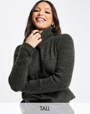 Pieces Tall longline roll neck sweater in olive green Pieces Tall