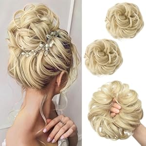 SARLA 2PCS Messy Hair Bun Hair Pieces Wavy Curly Synthetic Updo Fake Scrunchies Ponytail Extension for Women Dirty Blonde SARLA