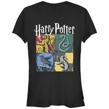 Juniors' Harry Potter Hogwarts Houses Vintage Collage Fitted Graphic Tee Harry Potter