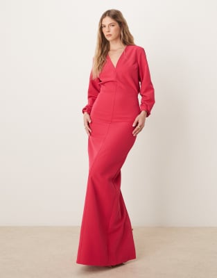 Pretty Lavish long sleeve plunge maxi dress in fuchsia Pretty Lavish