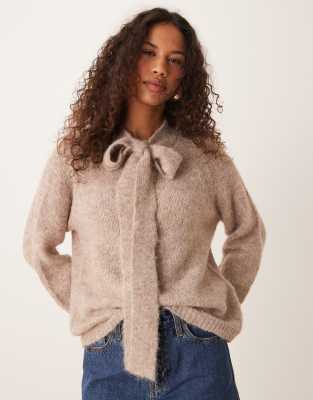 JDY bow detail knitted sweater in beige melange Jdy