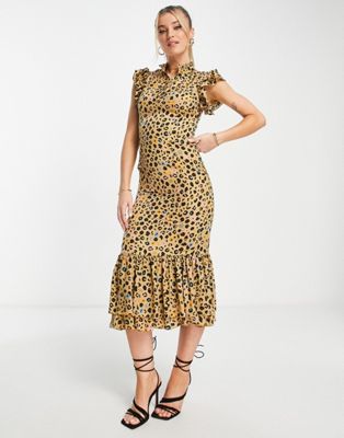 Платье миди с леопардовым принтом и оборками Never Fully Dressed NEVER FULLY DRESSED