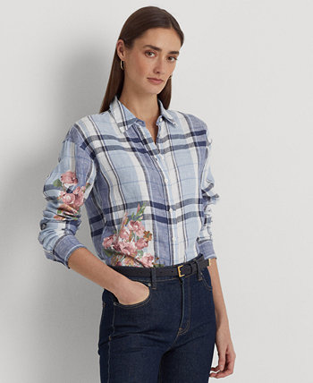 Женская льняная рубашка в клетку и цветочный принт, стандартная и миниатюрная Ralph Lauren