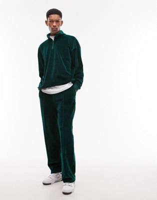 Зеленые велюровые спортивные брюки прямого кроя с защипами Topman TOPMAN