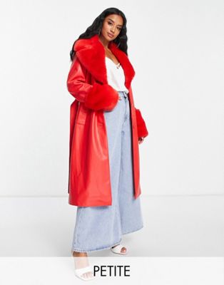 Красное полиуретановое пальто с поясом из искусственного меха Ever New Petite Ever New Petite