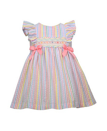 Платье из хлопчатобумажной ткани в полоску с развевающимися рукавами для маленьких девочек, вставками со сборками, бантами и трусиками в тон Bonnie Baby