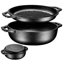 Pre Seasoned Cast Iron 2 in 1 Pan with Grill Lid and Wide Handle Bruntmor