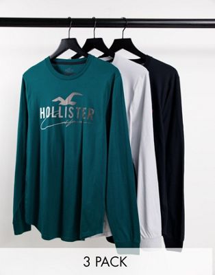 Набор из 3 футболок с длинным рукавом Hollister черного, зеленого и серого цветов с логотипом на груди Hollister
