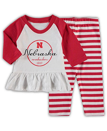 Infant Girls White and Scarlet Nebraska Huskers Stripe Raglan Long Sleeve T-shirt and Leggings Set Wes & Willy