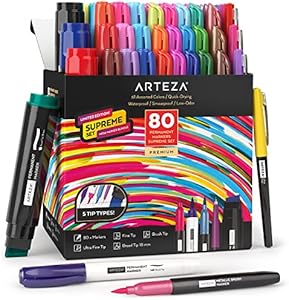 ARTEZA Colored Permanent Markers, Set of 16, Brush Tip Pens ARTEZA