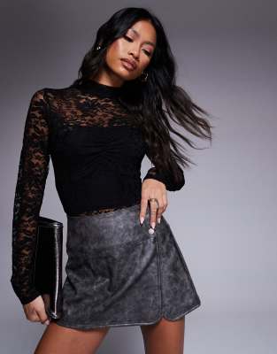 ASOS DESIGN long sleeve lace body suit with ruched center in black Asos Design