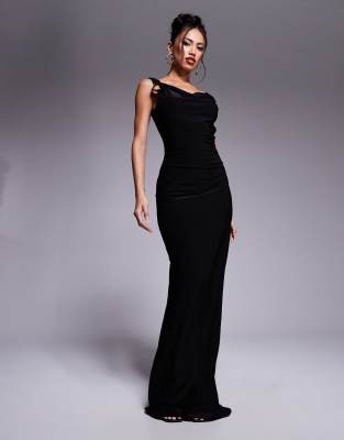 Fashionkilla exclusive slinky double sculpted cowl neck metal ring detail low back maxi dress in black Fashionkilla