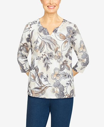 Petite Size Key Items Neutral Floral Print Embellished Neck Top Alfred Dunner
