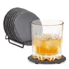 8 Pack Slate Drink Coasters with Holder for Coffee Table, Bar, Kitchen (Black Stone, 3.8 In) Juvale
