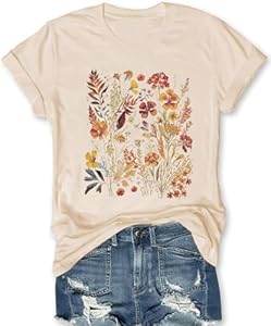 Women's Boho Flower T Shirt Vintage Flowers Printed Shirt Colorful Wildflower Graphic Tee Casual Botanical Short Sleeve Kfulemai