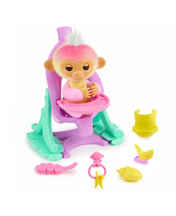 Интерактивный детский игровой набор Baby Monkey, Jas с колыбелью 2-в-1, стульчиком для кормления и 6 аксессуарами Fingerlings