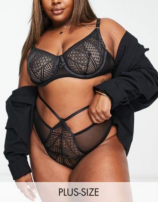 We Are We Wear Curve geo lace high waist thong with strapping detail in black We Are We Wear