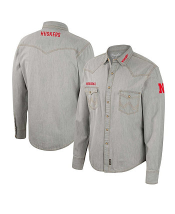 Мужская рубашка в ковбойском стиле с длинными рукавами и застежкой на кнопки в стиле вестерн серого цвета Nebraska Huskers x Wrangler Colosseum