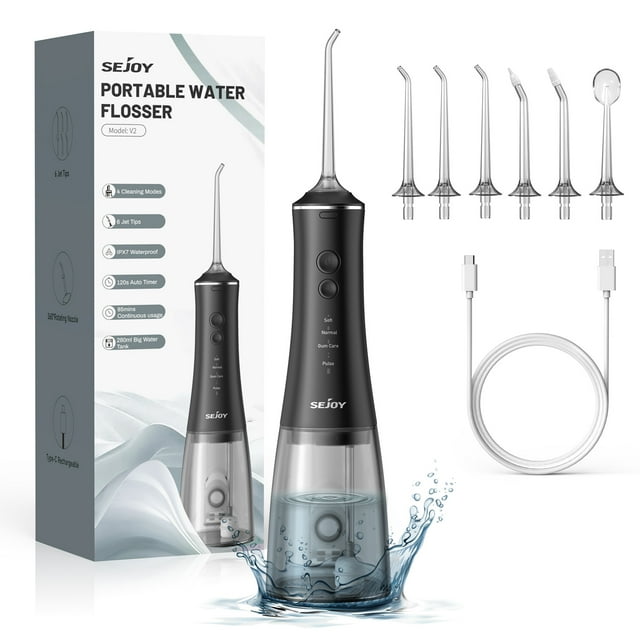 Sejoy Water Flosser, Water Dental Flosser Pick for Teeth,Cordless Portable Oral Irrigator Electric Teeth Cleaner with 6 Jet Tips,280ML,Black Sejoy