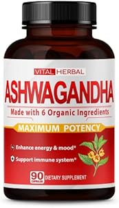 Organic Ashwagandha Capsules (Капсулы) Equivalent to 7050mg - Maximum Potency with L-Theanine Turmeric Rhodiola St. John's Wort Increase Strength Focus Mood Sleep Support (90 Count (Pack of 1)) VITAL HERBAL