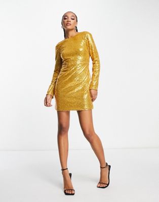 Золотое платье мини с пайетками и драпировкой на спине NaaNaa NaaNaa