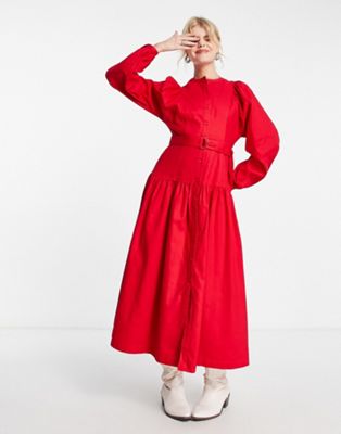 Ярко-красное хлопковое платье миди с поясом и объемными рукавами Whistles Whistles