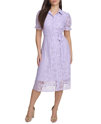 Женское кружевное платье-рубашка с цветочным принтом и завязкой на талии Kensie