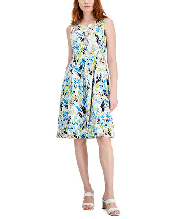 Women's Linen-Blend Printed Sleeveless Flared-Skirt Dress Kasper
