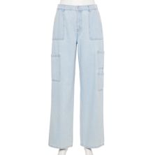 Juniors' Vanilla Star Porkchop Pocket Oversized Midrise Denim Cargo Jeans Vanilla Star