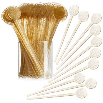 150 Pck Gold Glitter Swizzle Sticks For Cocktails, 7 Inch Plastic Drink Stirrers Sparkle and Bash