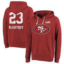 Мужской пуловер с капюшоном Majestic Threads Christian McCaffrey Scarlet San Francisco 49ers Super Bowl LVIII, имя и номер, пуловер с капюшоном из трех смесей Majestic Threads