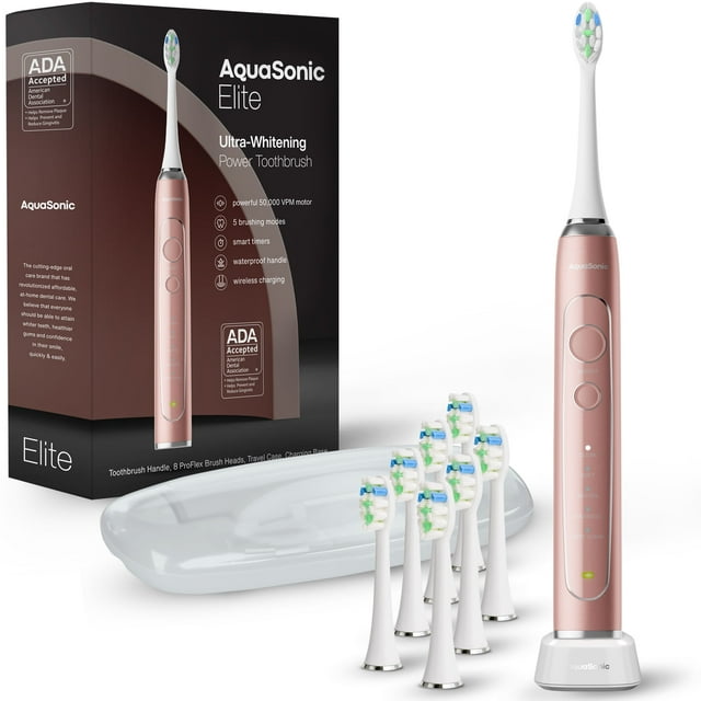 AquaSonic Elite Electric Toothbrush Set for Adults, Wireless Charging, 5 Modes, Travel Case, 8 Brush Heads - Rose Gold AQUASONIC