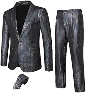 WULFUL Men's 2 Piece Disco Outfit 70s Costume Sequin Jacket and Pants Halloween Party Prom Suits with Tie Wulful