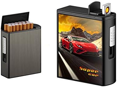 Cigarette Case for Whole Package Cigarettes 20pcs,Cigarettes Case Box Holder Automatic Ejection Case with Dual Arc Lighter USB Rechargeable,Flameless,Windproof,Waterproof (Black, Tungsten) Malisseladi