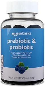 Amazon Basics Prebiotic & Probiotic Gummies (Жевательные конфеты), 2 Billion CFU, Blue Raspberry, 50 Count (2 per Serving (Порция)) (Previously Solimo) Amazon Basics