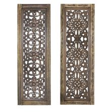 Деревянные стеновые панели ручной работы Benzara с цветочным орнаментом, набор из двух штук, коричневый Benzara
