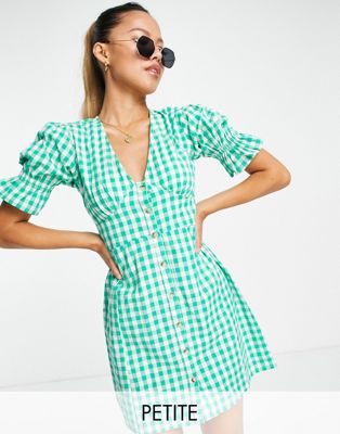 Influence Petite v neck button down mini dress in gingham green  Influence Petite
