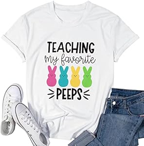 Easter Teacher Shirt Womens Teaching My Favorite Peeps Shirts Funny Rabbit Bunny Graphic Tee Casual Letter Print Tops Bangely