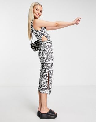 Easy Tiger one shoulder midi dress in monochrome wavy text print Easy Tiger