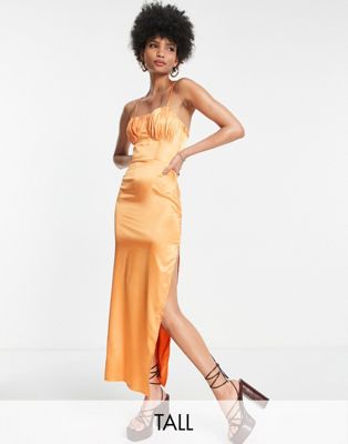 Flounce London Tall satin midi dress with ruched cup detail in tangerine Flounce London Tall