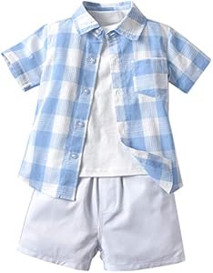 SANGTREE Boys Summer Short Hawaiian Outfit, Button Down Shirt + White T-shirt + Shorts, 3 Months - 9 Years Sangtree