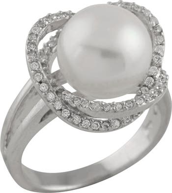 Модное кольцо Halo с белым пресноводным жемчугом CZ 10–11 мм Splendid Pearls