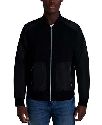 Men's Relaxed Fit Zip-Front Mixed-Media Bomber Jacket Karl Lagerfeld Paris