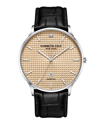 Мужские часы с бриллиантовым акцентом, черный ремешок из натуральной кожи, 42 мм Kenneth Cole