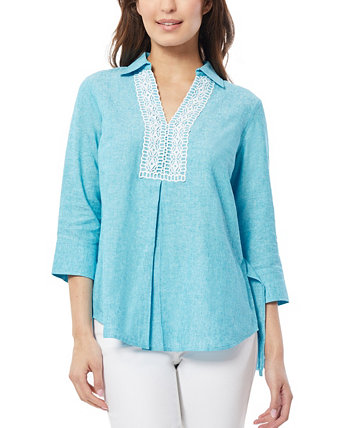 Женская льняная блуза-туника с кружевной отделкой и V-образным вырезом с высокой посадкой Jones New York