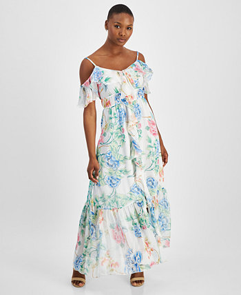 Женское многоуровневое платье макси с оборками и открытыми плечами с цветочным принтом GUESS