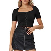 Lace Up Top For Women Cropped Square Neck Short Sleeve Casual T-shirts Allegra K