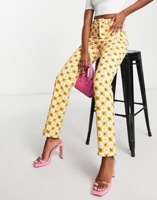 Peppermayo printed check cigarette pants in yellow multi Pepper Mayo