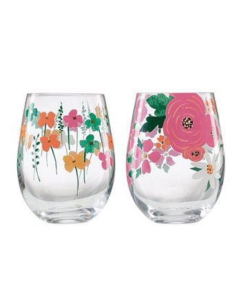 18 oz Floral Brights Stem Less Wine Glasses, Set of 2 Cambridge