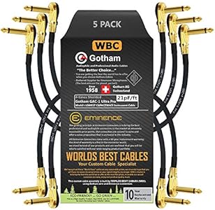 WORLDS BEST CABLES 5 Units - 15 Inch - Gotham GAC-1 Ultra Pro - Low-Cap (21pF/ft) Guitar Bass Effects Instrument, Patch Cable & Gold (6.35mm) Low-Profile R/A Pancake Type Connectors - Custom Made WORLDS BEST CABLES